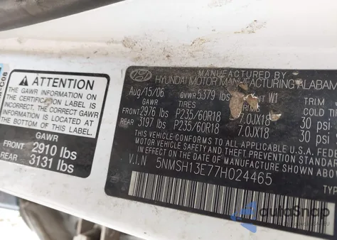 2007 Hyundai Santa Fe Limited/Se из США, поврежденный, VIN 5NMSH13E77H024465